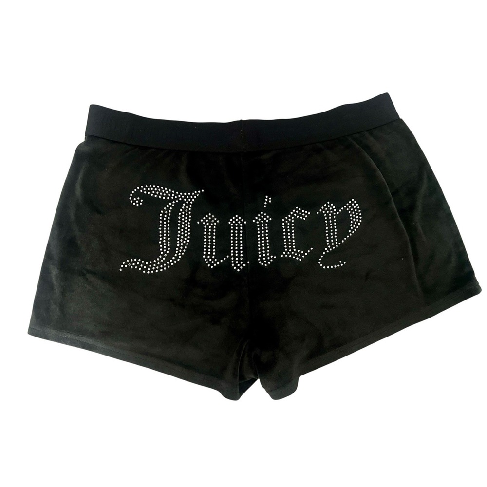Juicy Couture Black Velour Shorts Rhinestone Logo Y2K Low Rise Size S 29 Waist